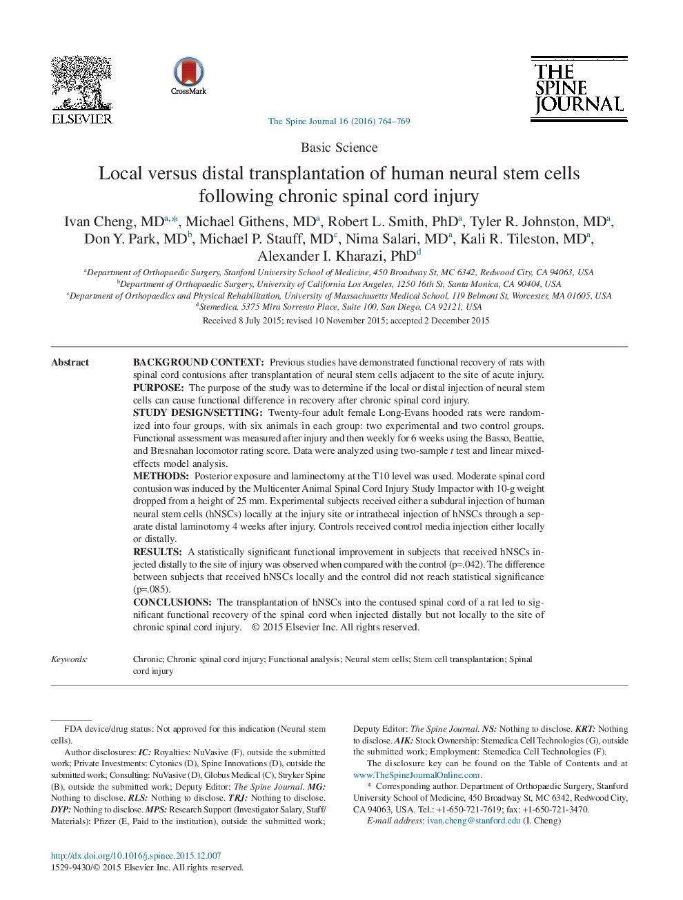 Local versus distal transplantation of human neural stem cells following chronic spinal cord injury 