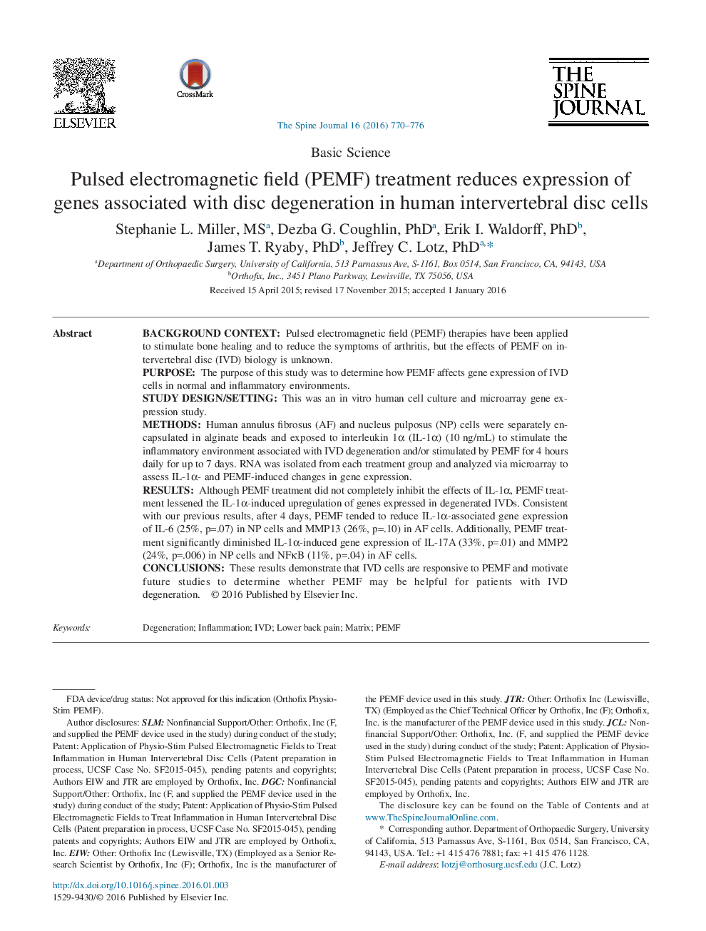 Pulsed electromagnetic field (PEMF) treatment reduces expression of genes associated with disc degeneration in human intervertebral disc cells 