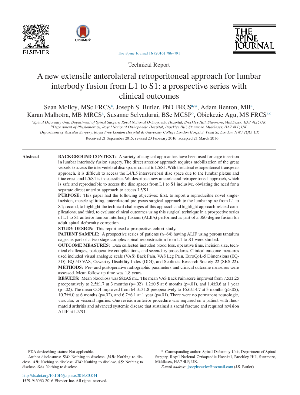 A new extensile anterolateral retroperitoneal approach for lumbar interbody fusion from L1 to S1: a prospective series with clinical outcomes 