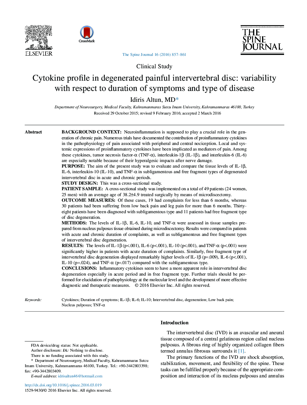 مشخصات سیتوکین در دیسک بین وریدی دردناک: تغییرپذیری با توجه به طول مدت علائم و نوع بیماری 