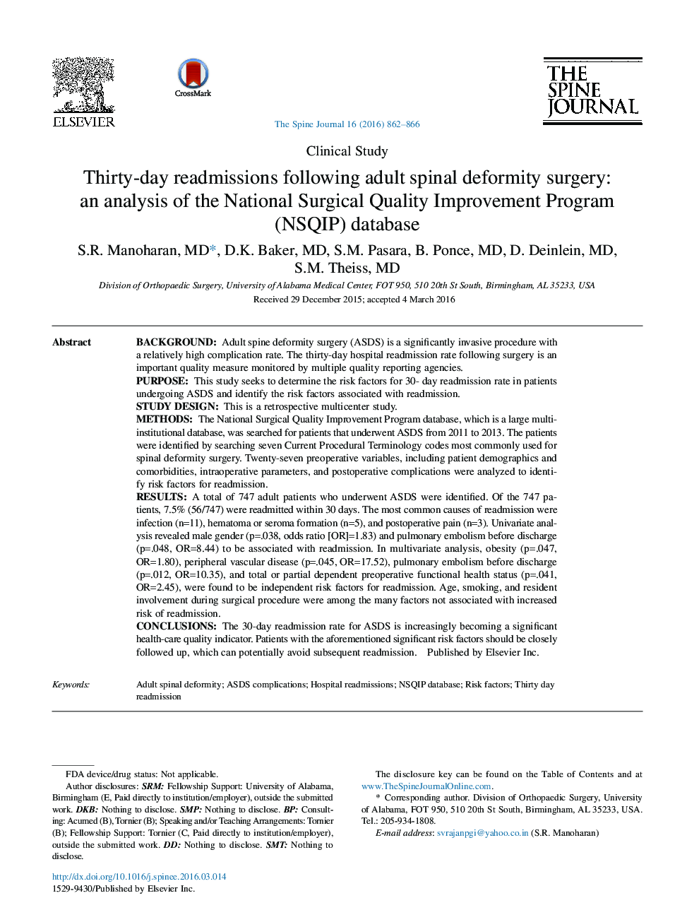 Thirty-day readmissions following adult spinal deformity surgery: an analysis of the National Surgical Quality Improvement Program (NSQIP) database 