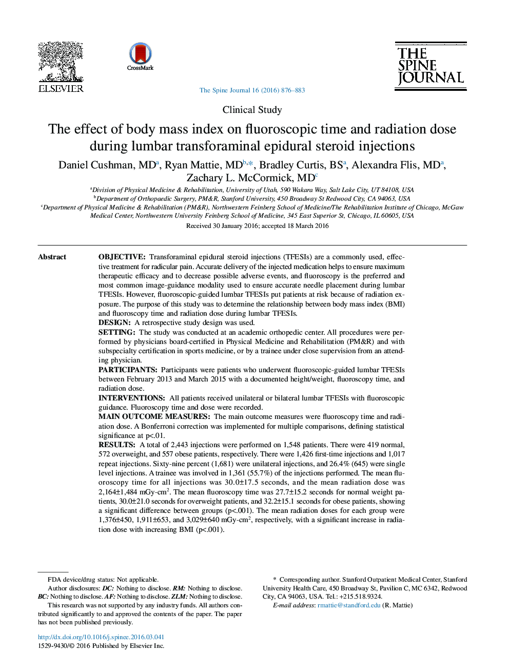 The effect of body mass index on fluoroscopic time and radiation dose during lumbar transforaminal epidural steroid injections 