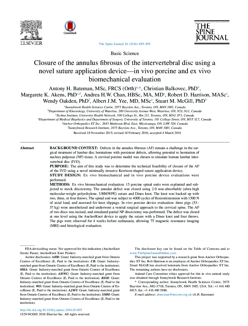 Closure of the annulus fibrosus of the intervertebral disc using a novel suture application device—in vivo porcine and ex vivo biomechanical evaluation 