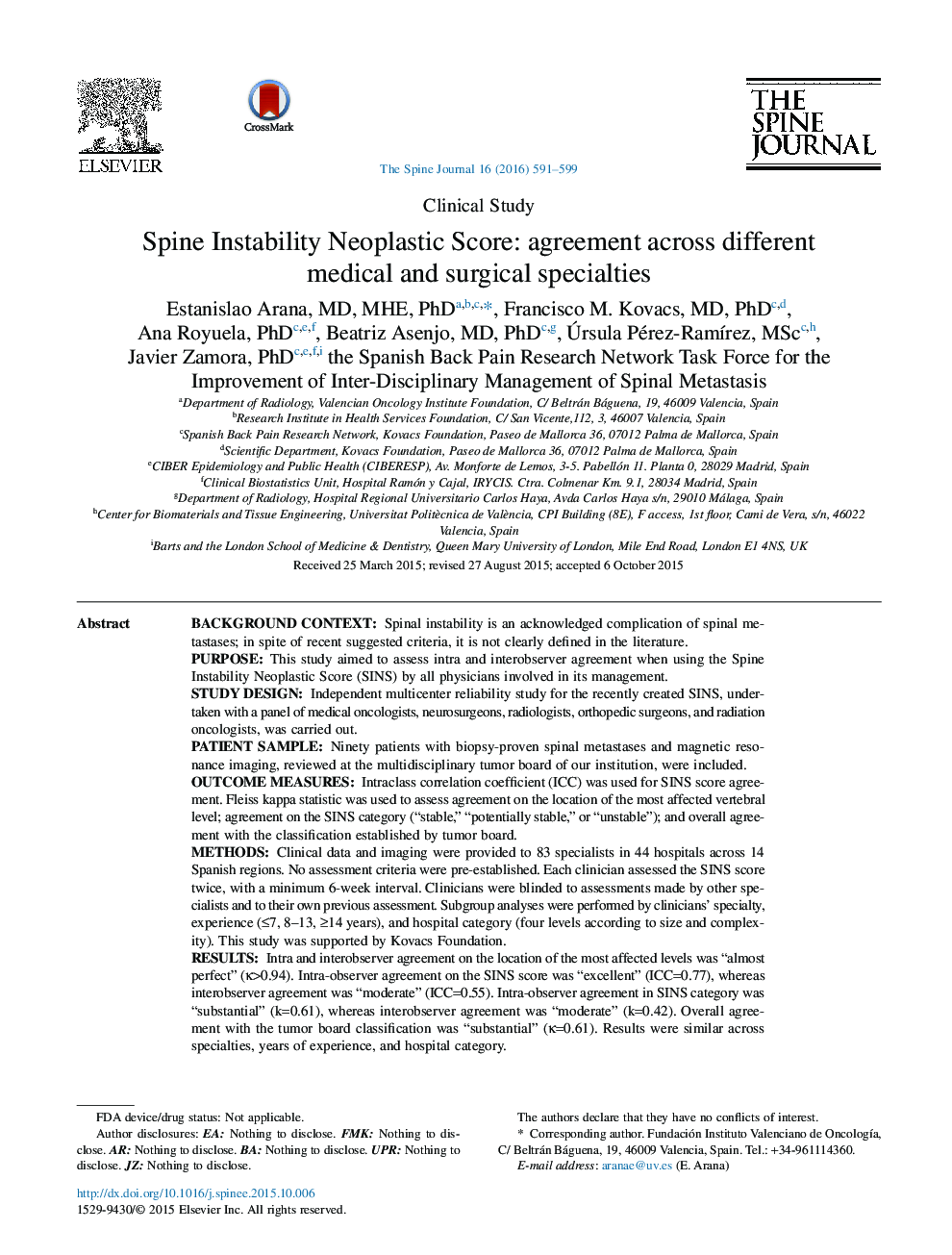 Spine Instability Neoplastic Score: agreement across different medical and surgical specialties 