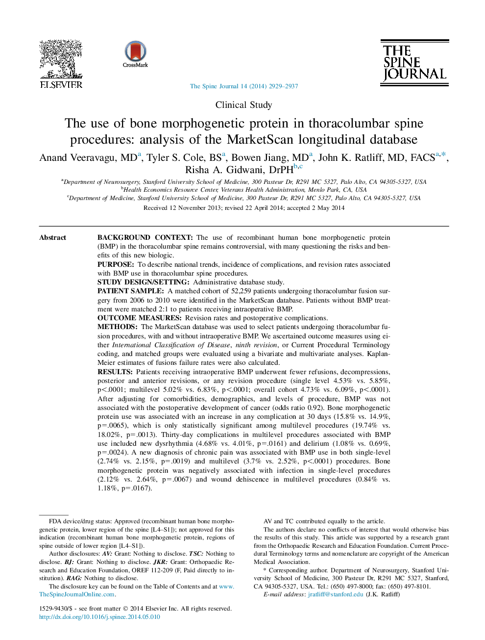 عکس صفحه اول مقاله: The use of bone morphogenetic protein in thoracolumbar spine procedures: analysis of the MarketScan longitudinal database The use of bone morphogenetic protein in thoracolumbar spine procedures: analysis of the MarketScan longitudinal database