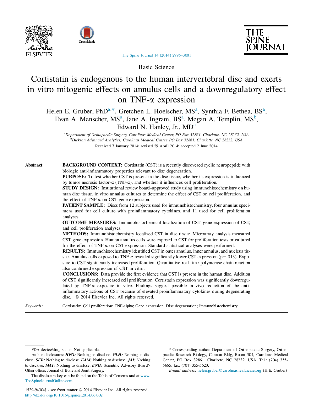 Cortistatin is endogenous to the human intervertebral disc and exerts in vitro mitogenic effects on annulus cells and a downregulatory effect on TNF-α expression 