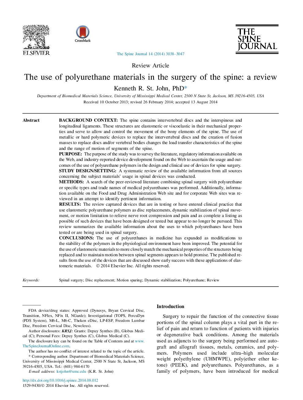 The use of polyurethane materials in the surgery of the spine: a review 