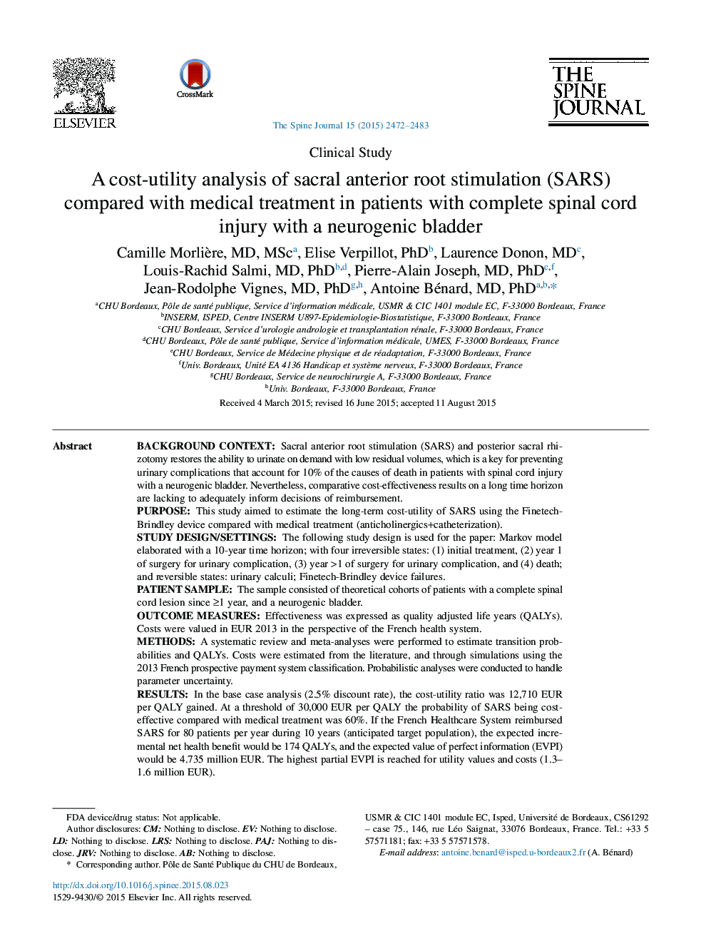 A cost-utility analysis of sacral anterior root stimulation (SARS) compared with medical treatment in patients with complete spinal cord injury with a neurogenic bladder 