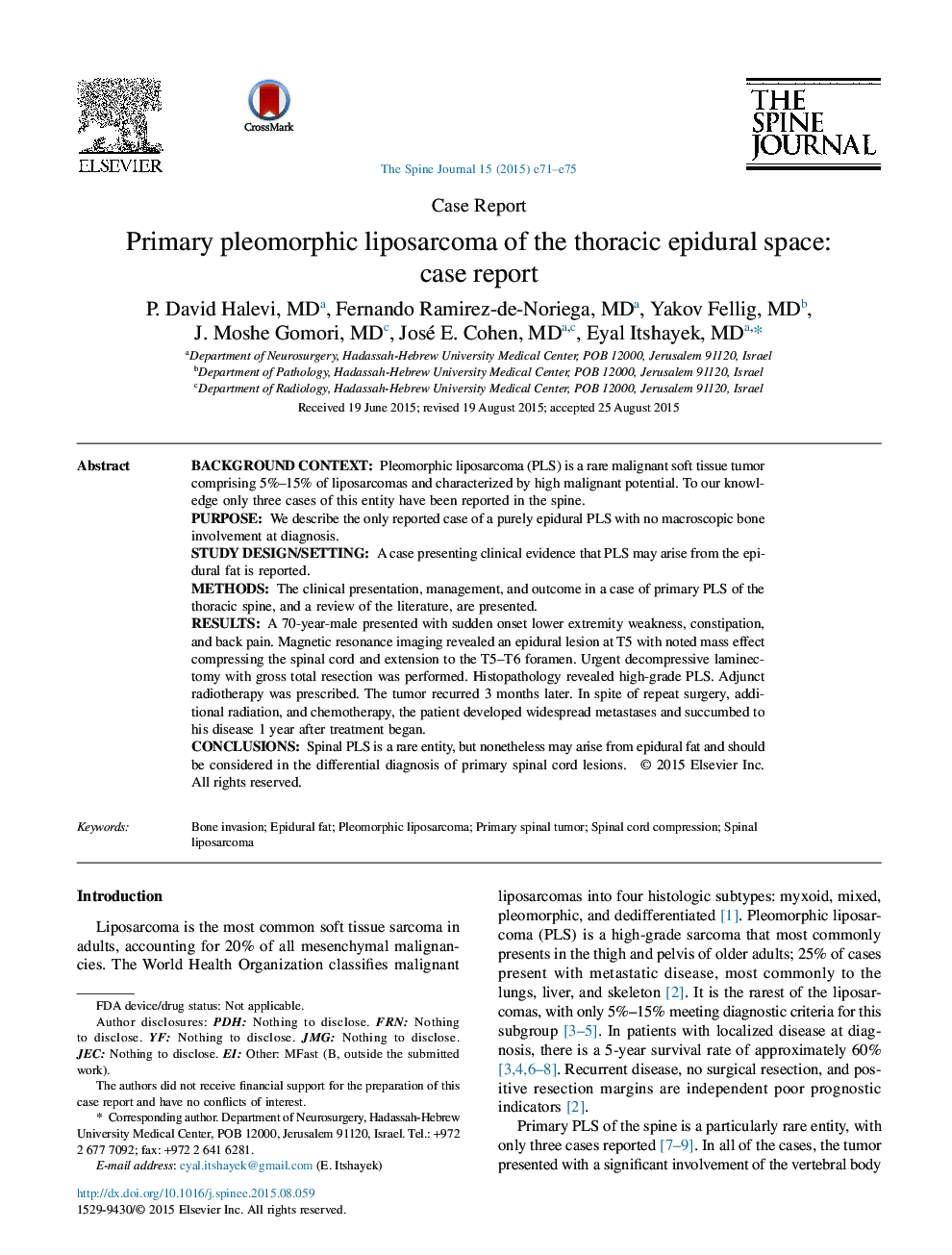 Primary pleomorphic liposarcoma of the thoracic epidural space: case report 