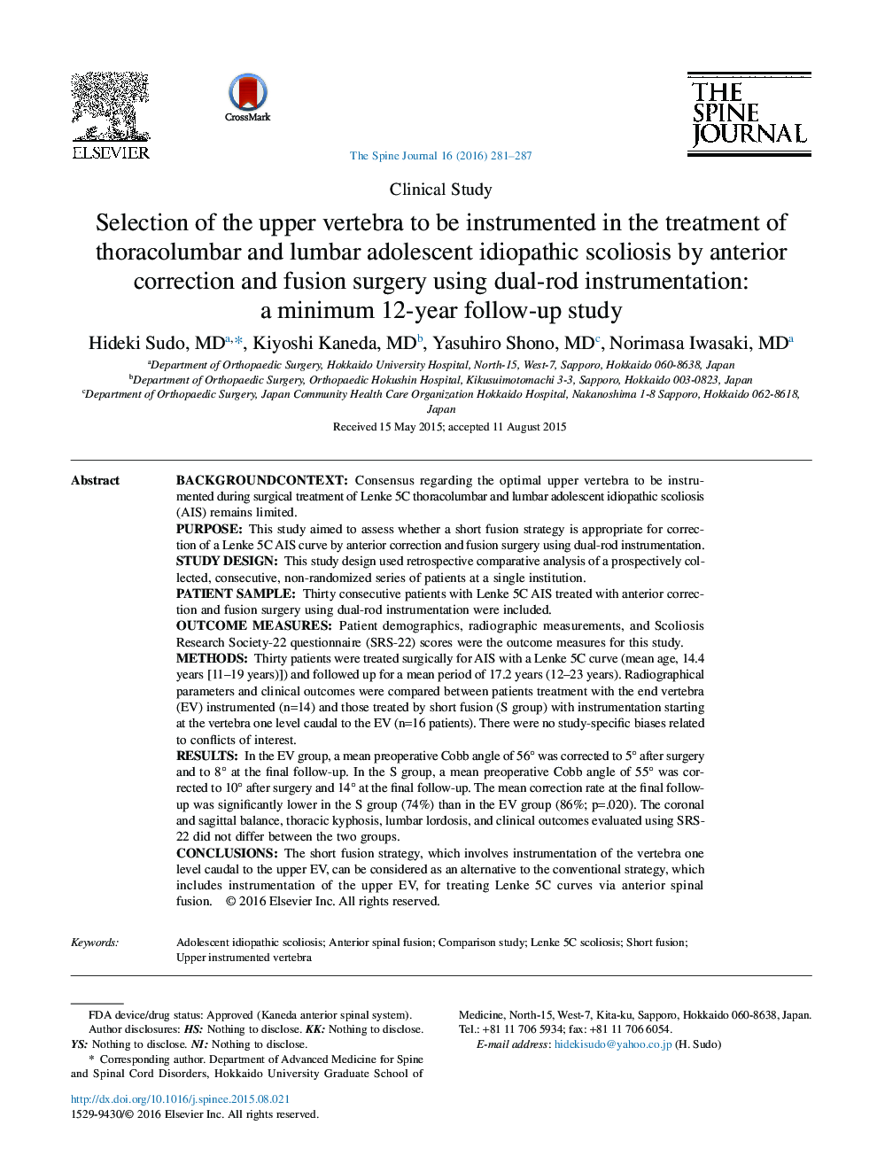 Selection of the upper vertebra to be instrumented in the treatment of thoracolumbar and lumbar adolescent idiopathic scoliosis by anterior correction and fusion surgery using dual-rod instrumentation: a minimum 12-year follow-up study 