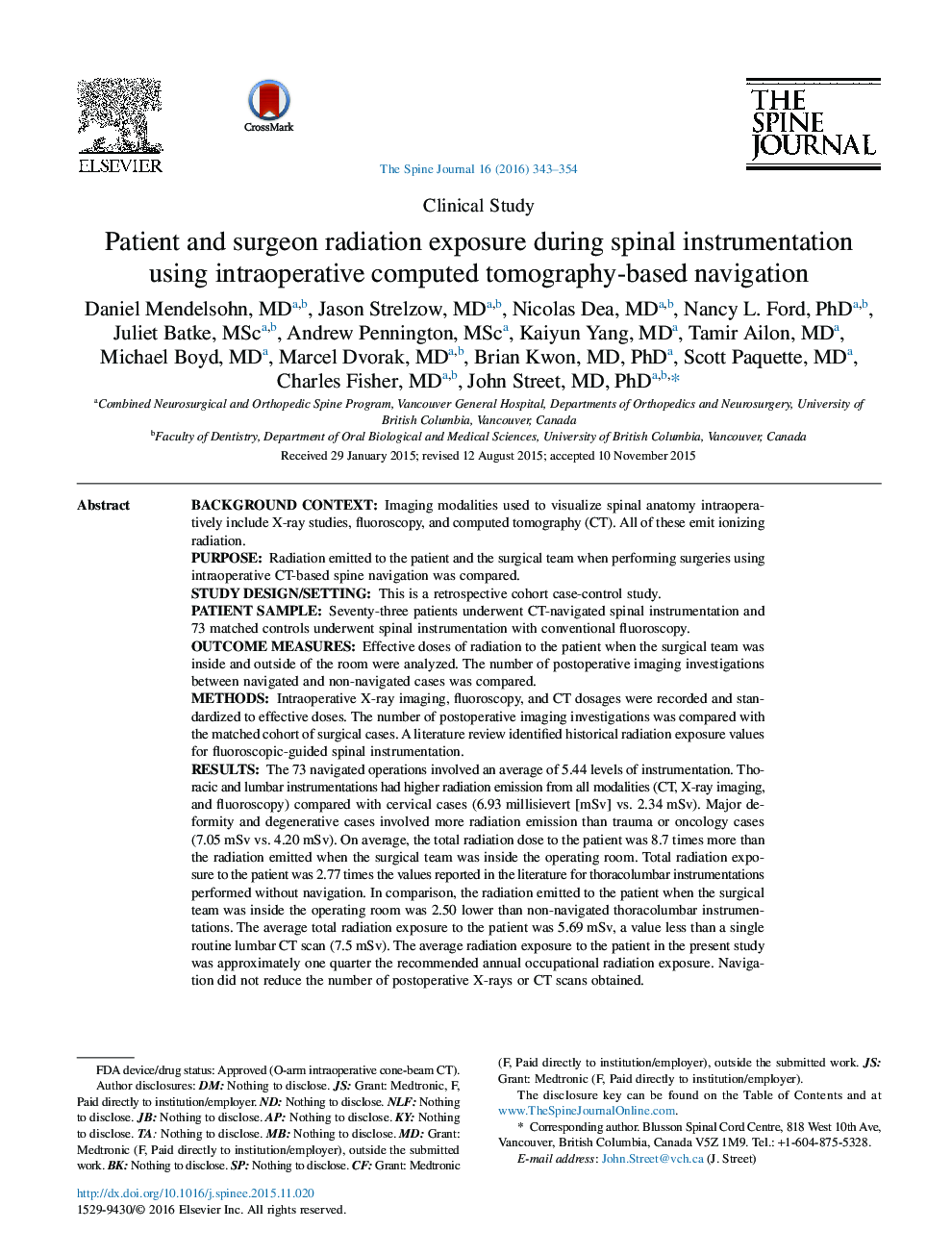 Patient and surgeon radiation exposure during spinal instrumentation using intraoperative computed tomography-based navigation 