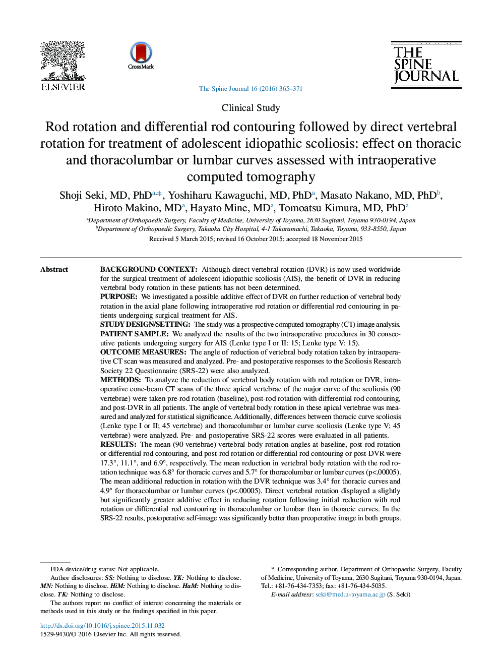 Rod rotation and differential rod contouring followed by direct vertebral rotation for treatment of adolescent idiopathic scoliosis: effect on thoracic and thoracolumbar or lumbar curves assessed with intraoperative computed tomography 