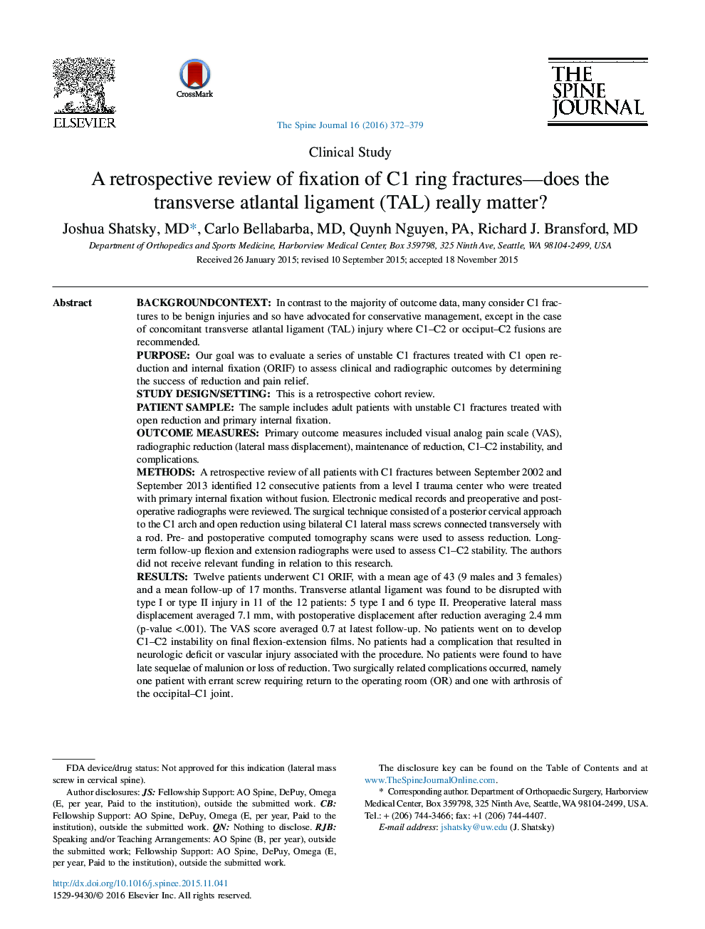 A retrospective review of fixation of C1 ring fractures—does the transverse atlantal ligament (TAL) really matter? 