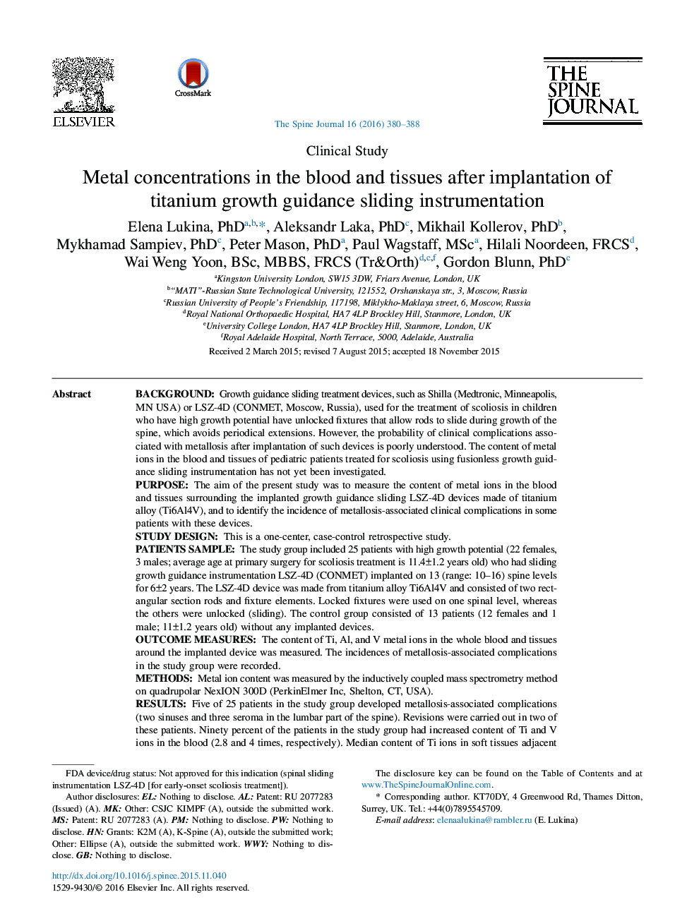 Metal concentrations in the blood and tissues after implantation of titanium growth guidance sliding instrumentation 