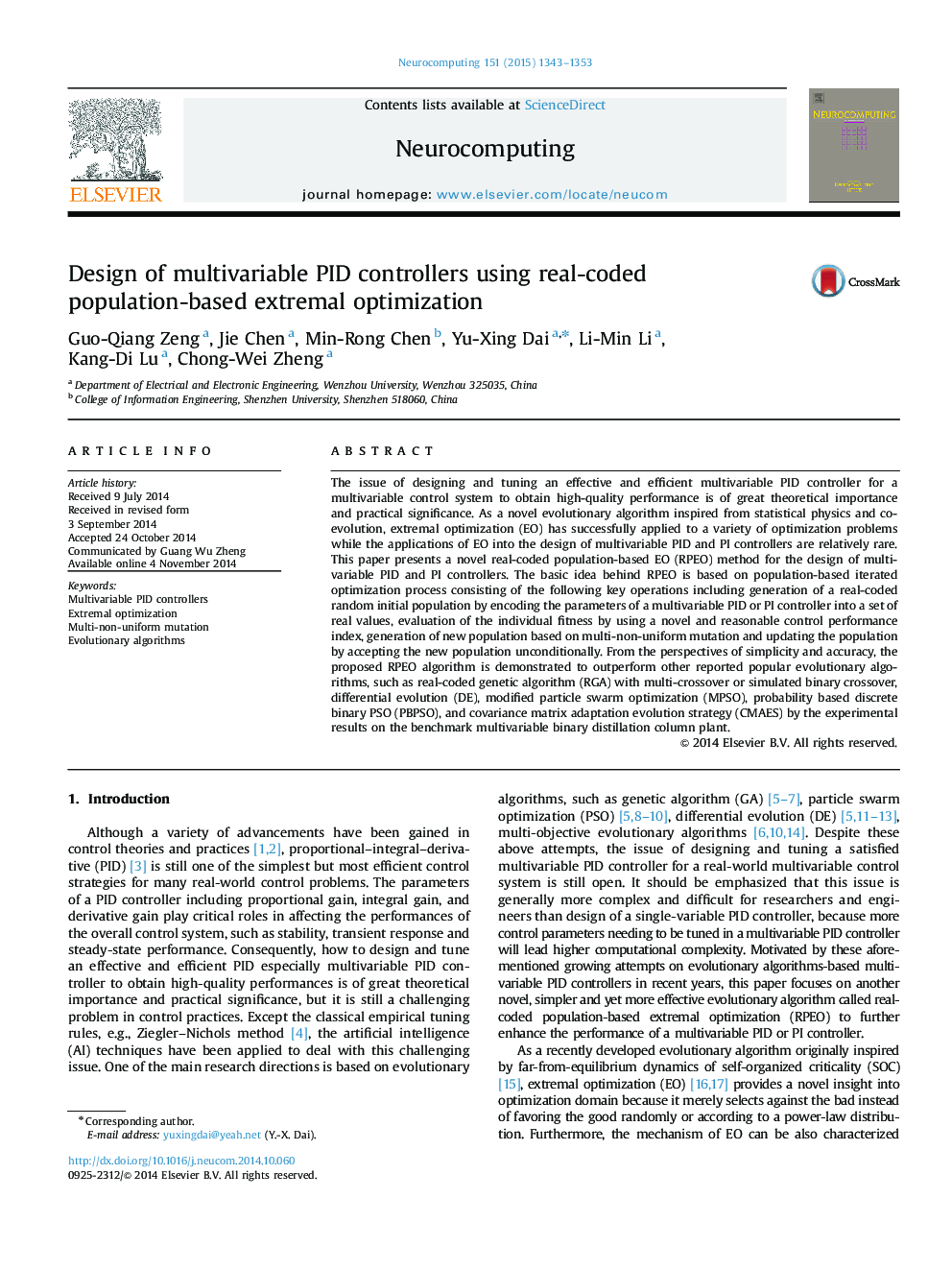 Design of multivariable PID controllers using real-coded population-based extremal optimization