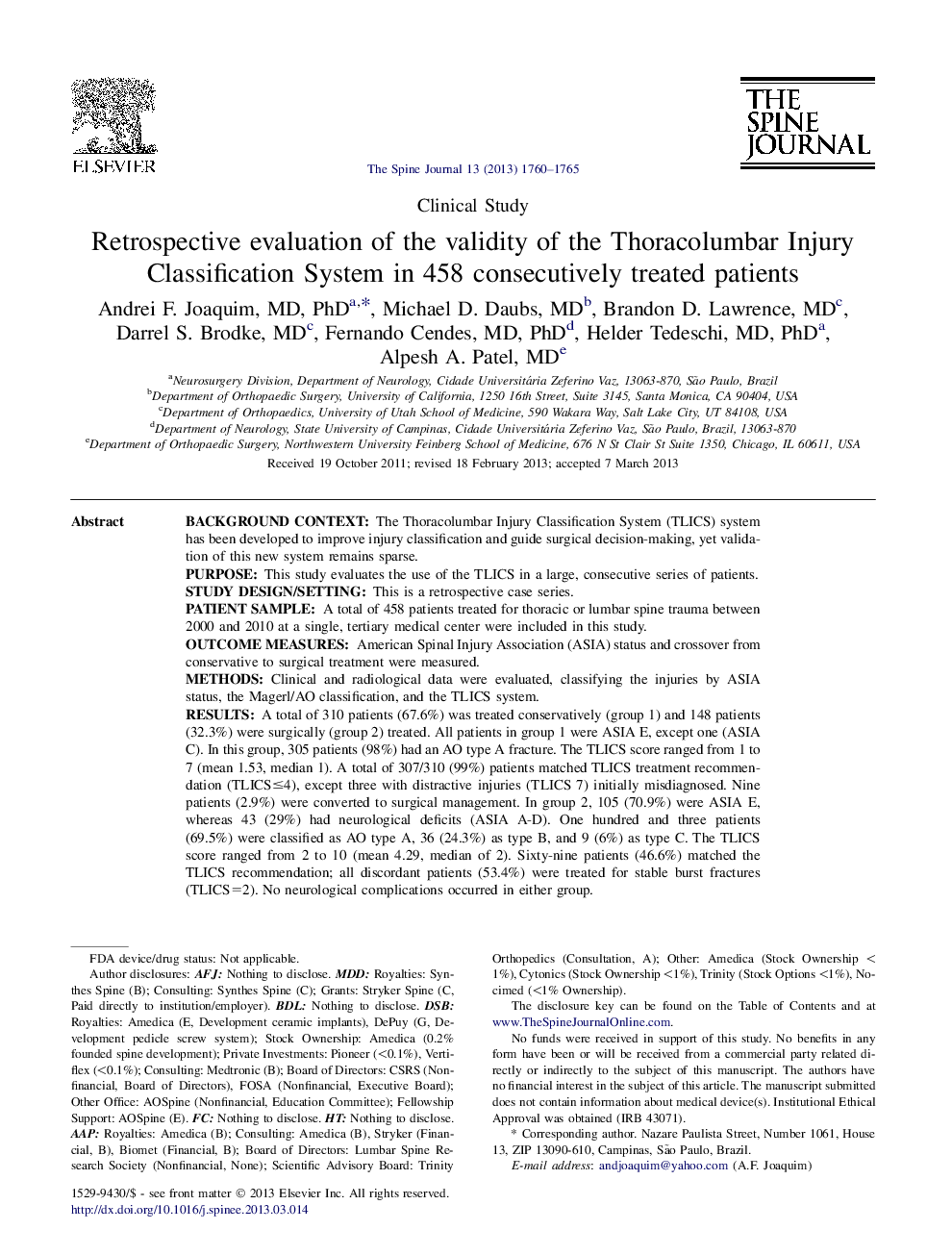 Retrospective evaluation of the validity of the Thoracolumbar Injury Classification System in 458 consecutively treated patients 