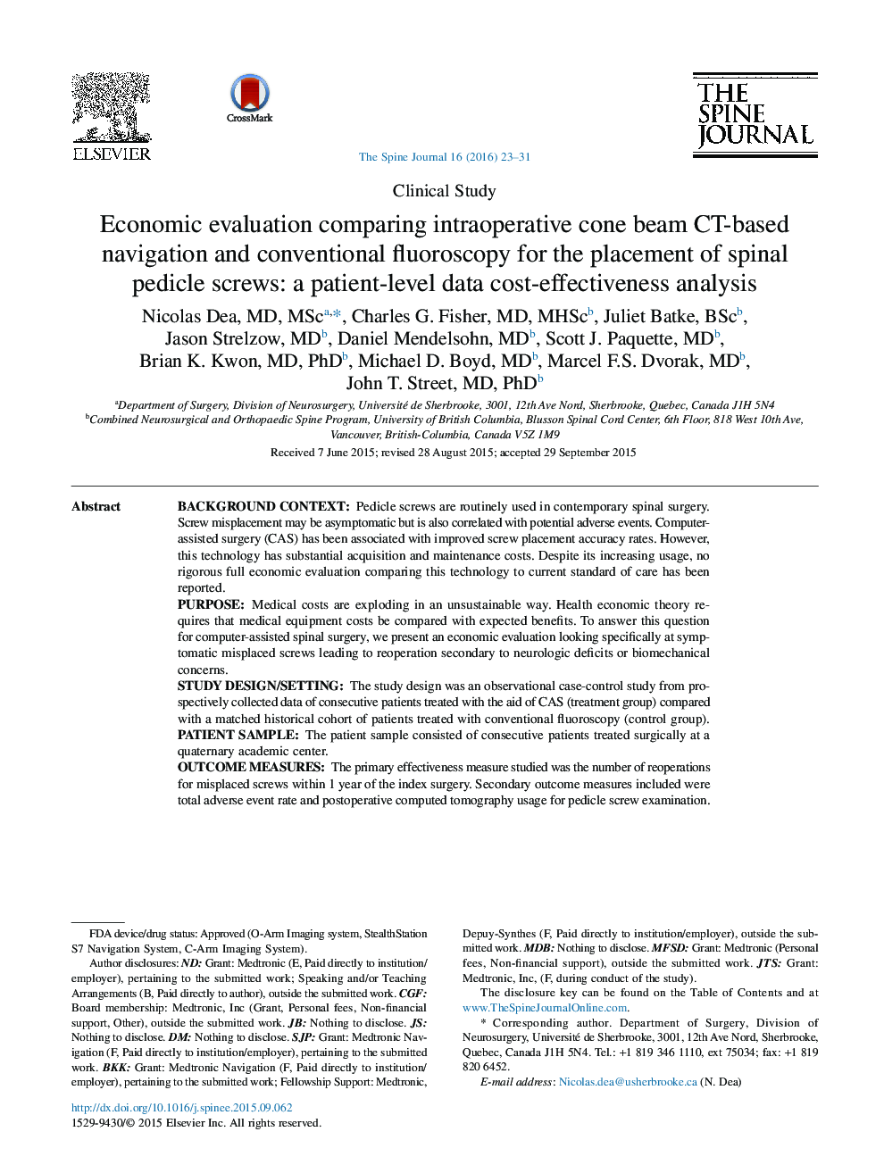 Economic evaluation comparing intraoperative cone beam CT-based navigation and conventional fluoroscopy for the placement of spinal pedicle screws: a patient-level data cost-effectiveness analysis 