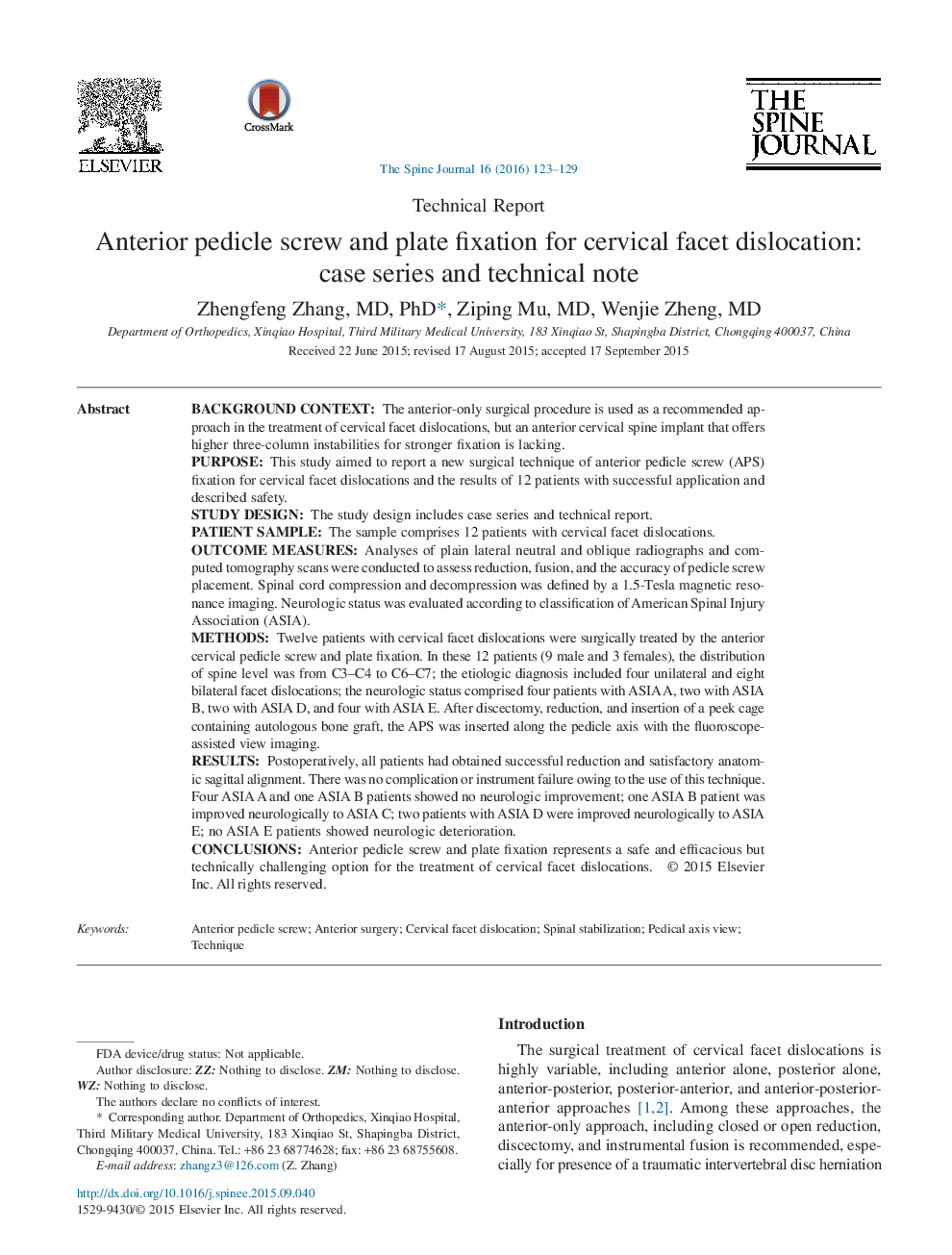 Anterior pedicle screw and plate fixation for cervical facet dislocation: case series and technical note 