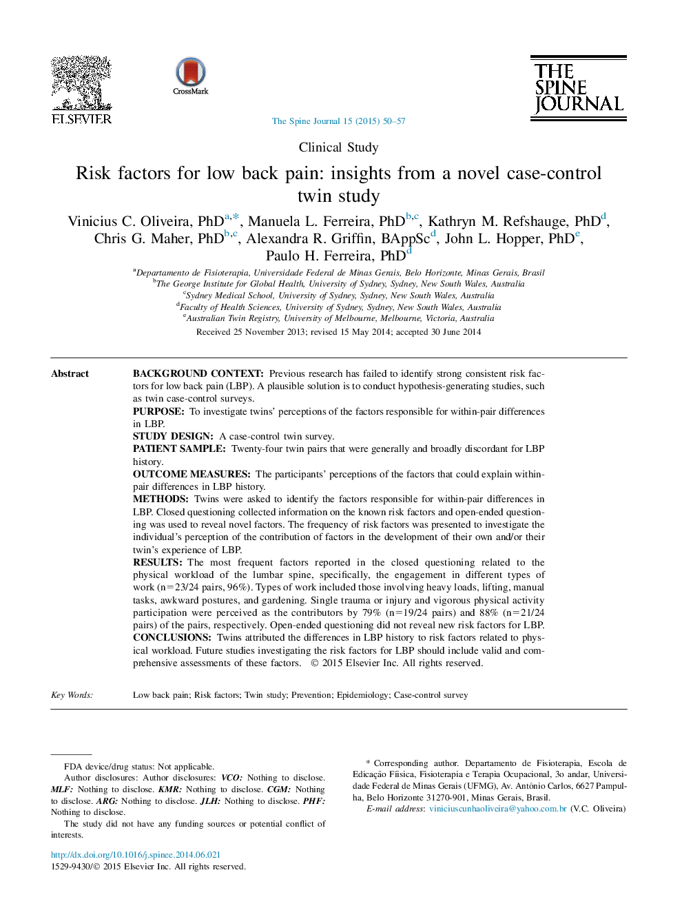 Risk factors for low back pain: insights from a novel case-control twin study 