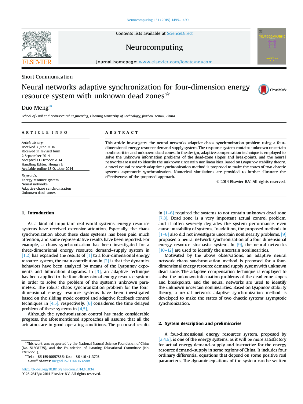 Neural networks adaptive synchronization for four-dimension energy resource system with unknown dead zones 