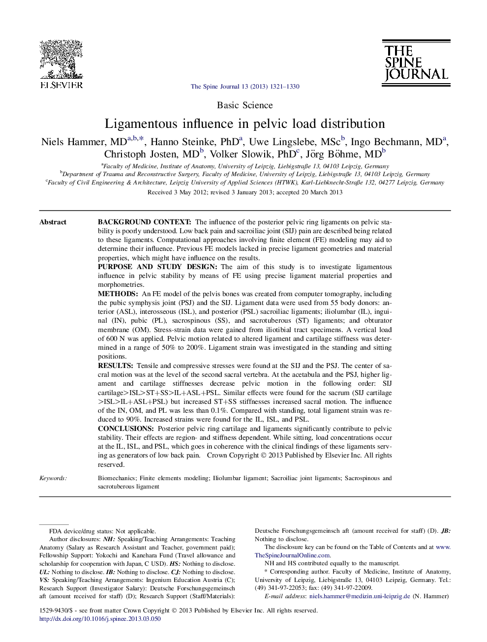 Ligamentous influence in pelvic load distribution 