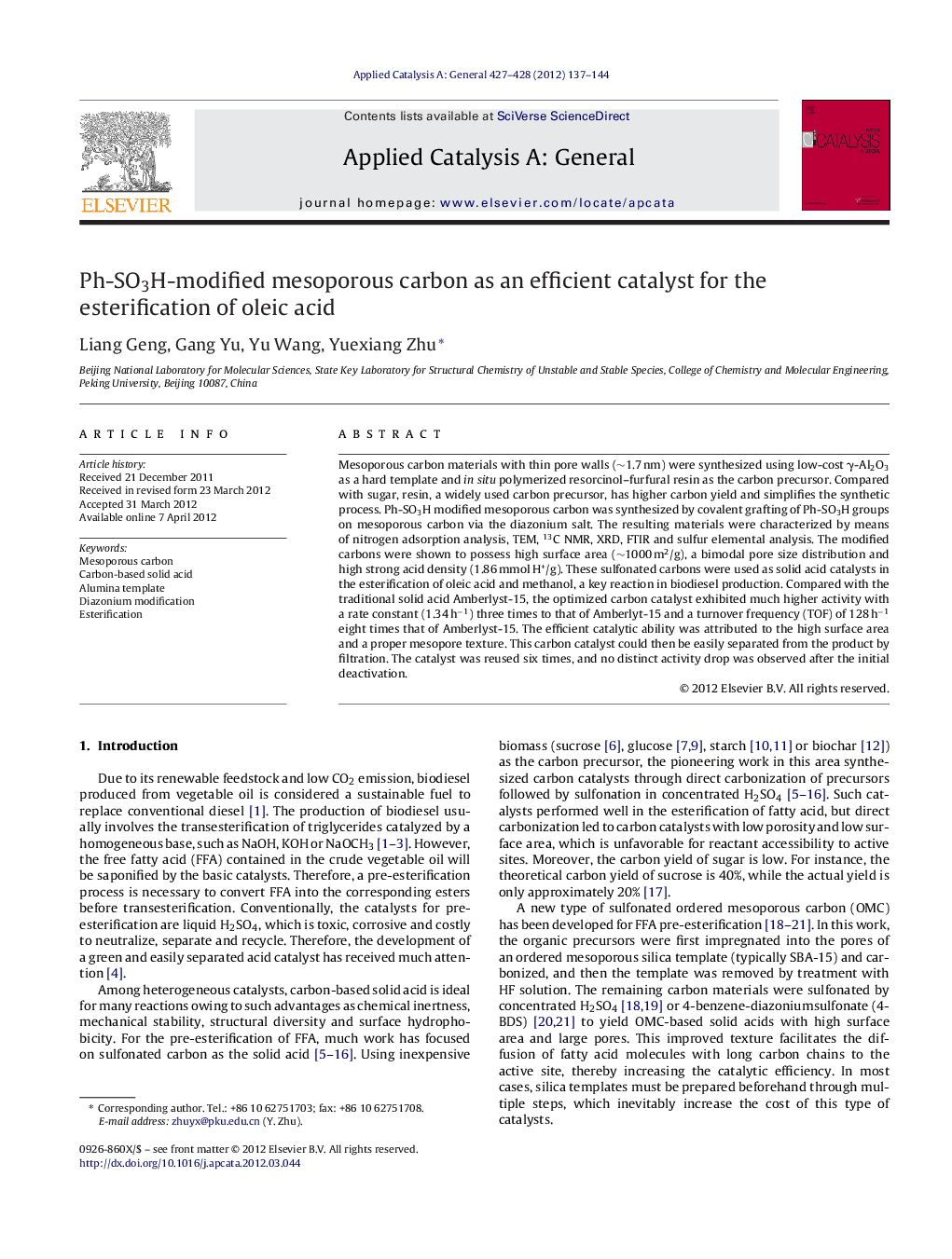 Ph-SO3H-modified mesoporous carbon as an efficient catalyst for the esterification of oleic acid