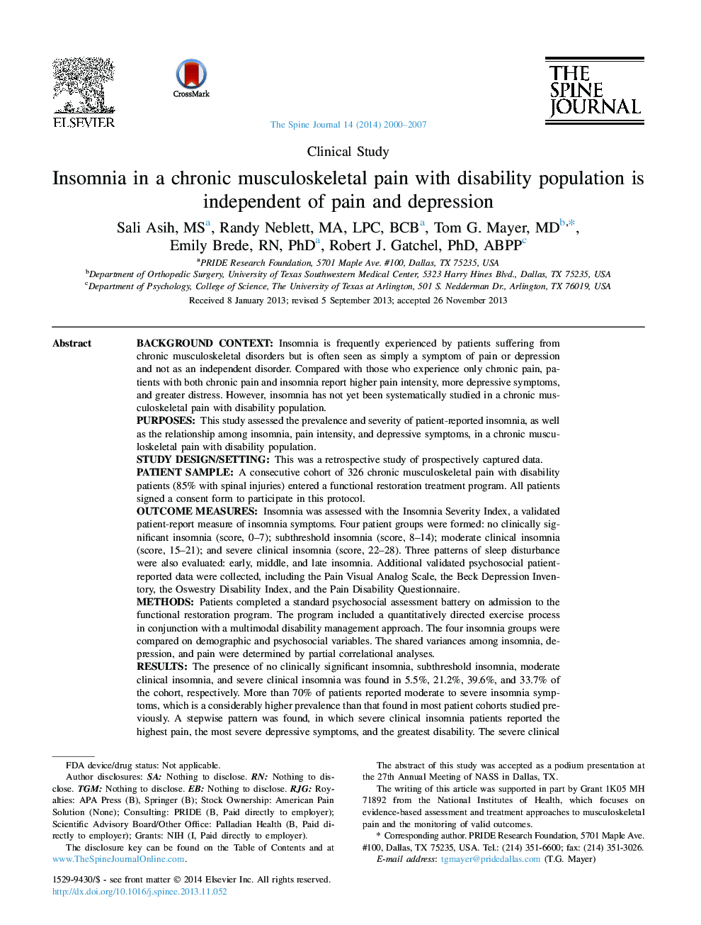 Insomnia in a chronic musculoskeletal pain with disability population is independent of pain and depression 