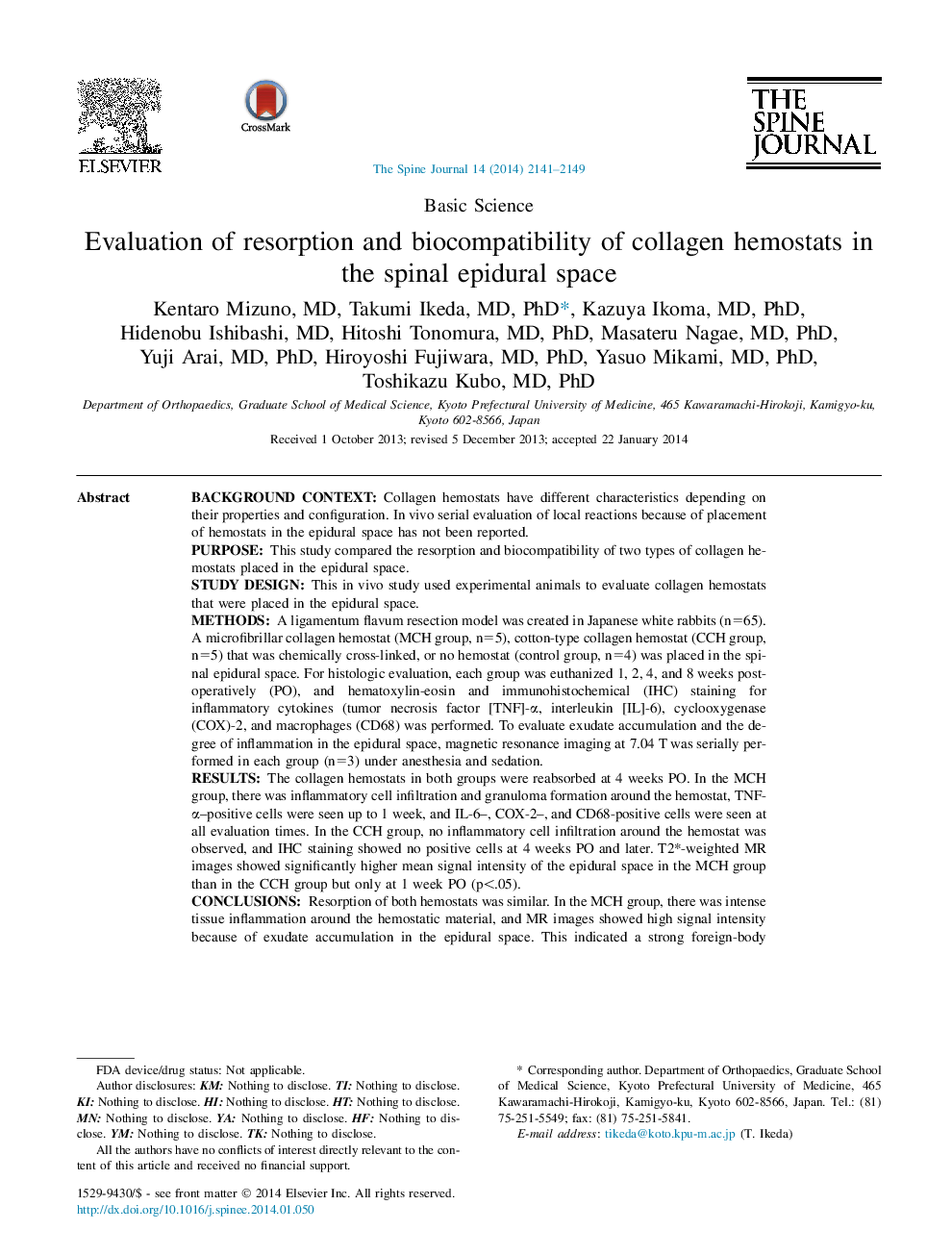 Evaluation of resorption and biocompatibility of collagen hemostats in the spinal epidural space 