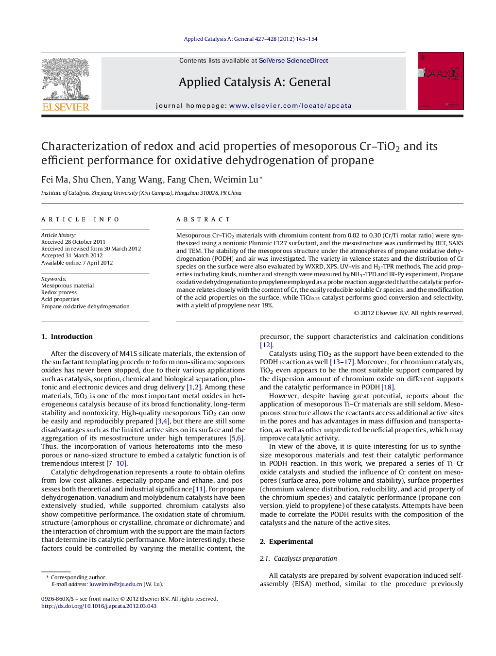 Characterization of redox and acid properties of mesoporous Cr–TiO2 and its efficient performance for oxidative dehydrogenation of propane