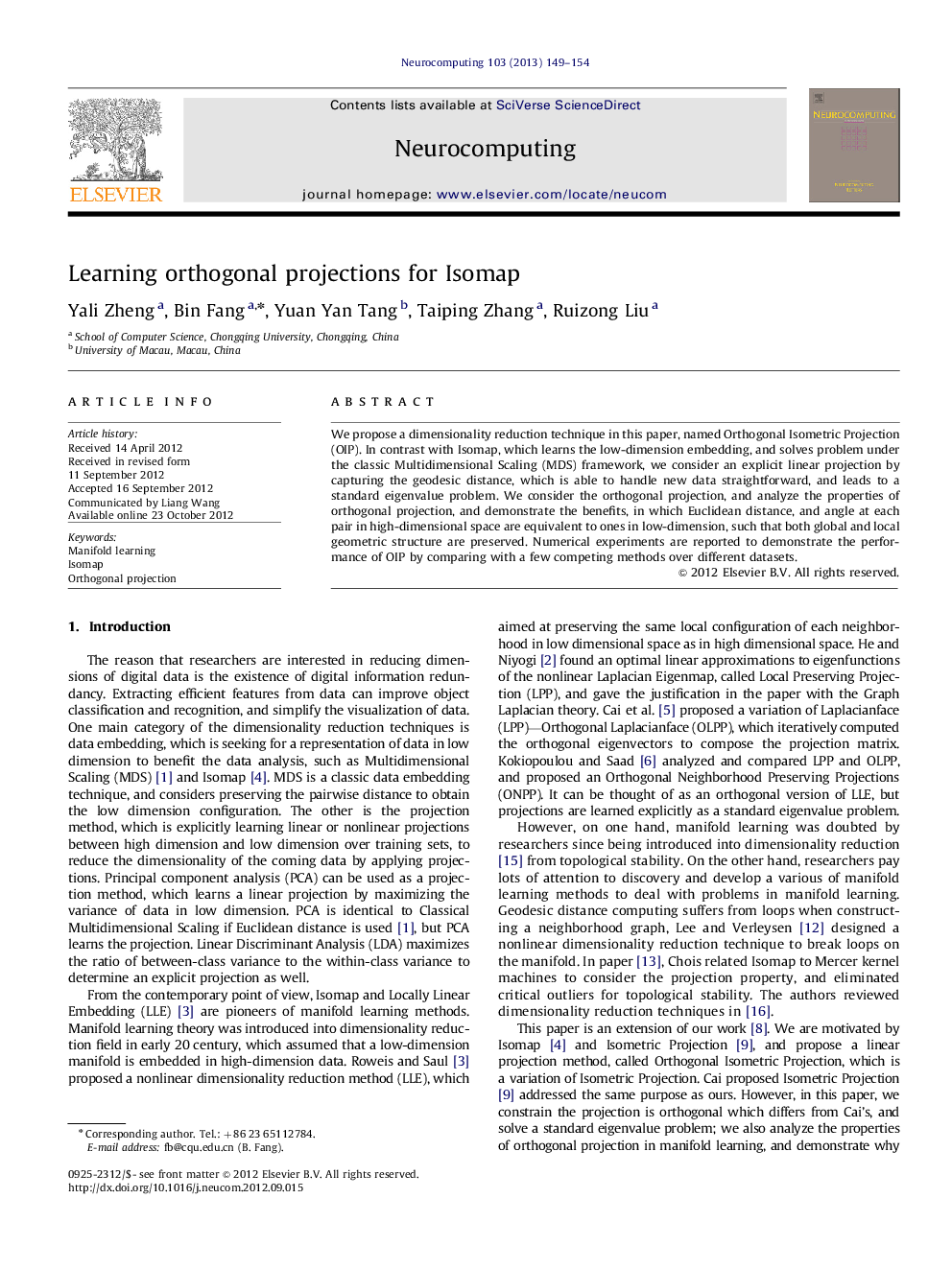 عکس صفحه اول مقاله: Learning orthogonal projections for Isomap Learning orthogonal projections for Isomap