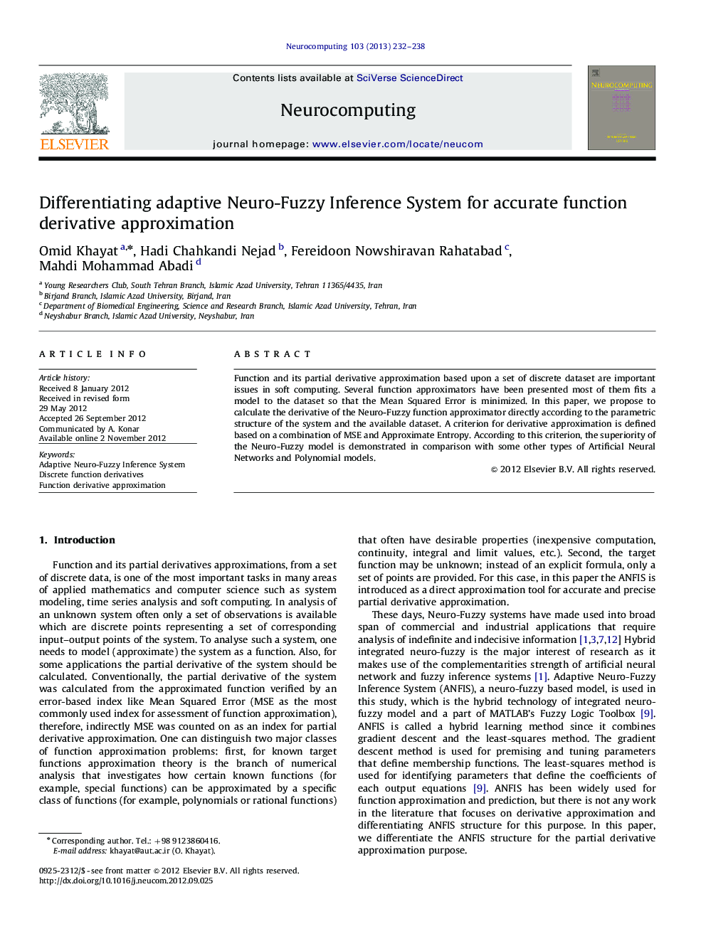 Differentiating adaptive Neuro-Fuzzy Inference System for accurate function derivative approximation