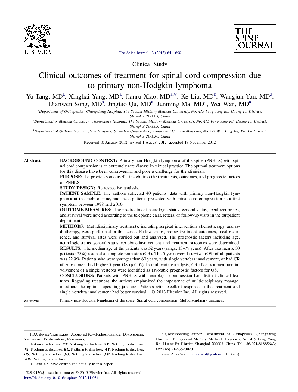 Clinical outcomes of treatment for spinal cord compression due to primary non-Hodgkin lymphoma 