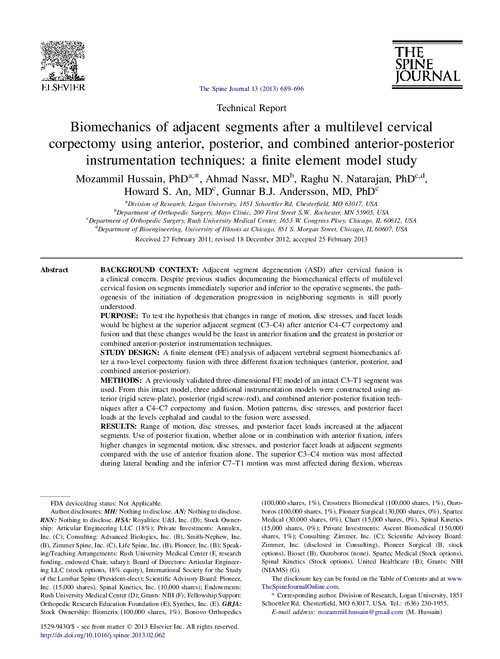 Biomechanics of adjacent segments after a multilevel cervical corpectomy using anterior, posterior, and combined anterior-posterior instrumentation techniques: a finite element model study 