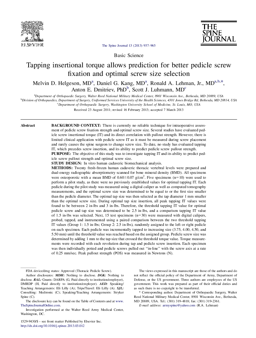 Tapping insertional torque allows prediction for better pedicle screw fixation and optimal screw size selection 