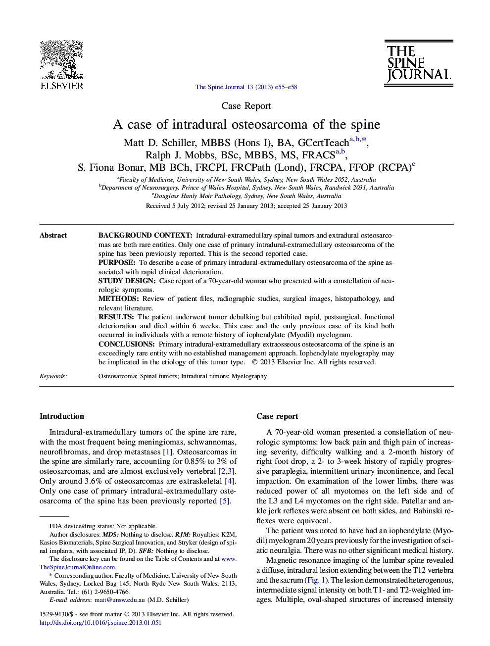 A case of intradural osteosarcoma of the spine 