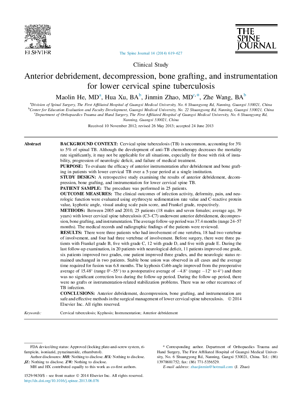 Anterior debridement, decompression, bone grafting, and instrumentation for lower cervical spine tuberculosis 