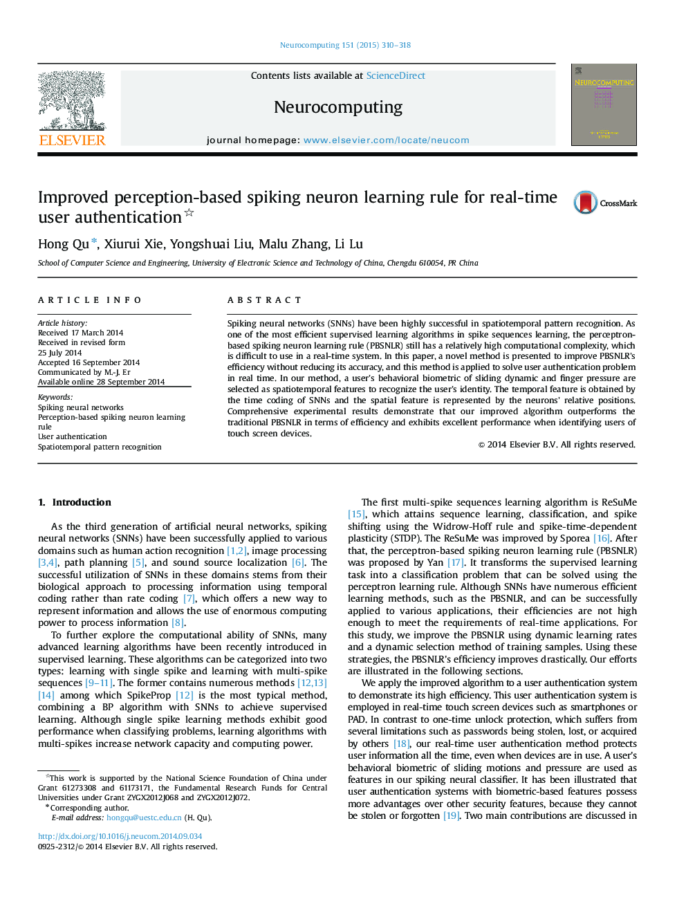 Improved perception-based spiking neuron learning rule for real-time user authentication 