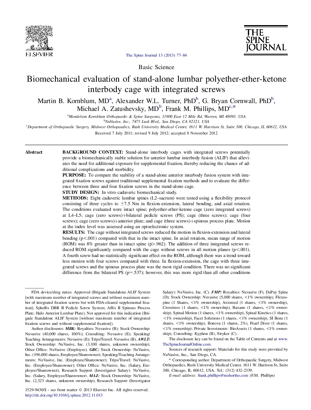 Biomechanical evaluation of stand-alone lumbar polyether-ether-ketone interbody cage with integrated screws 