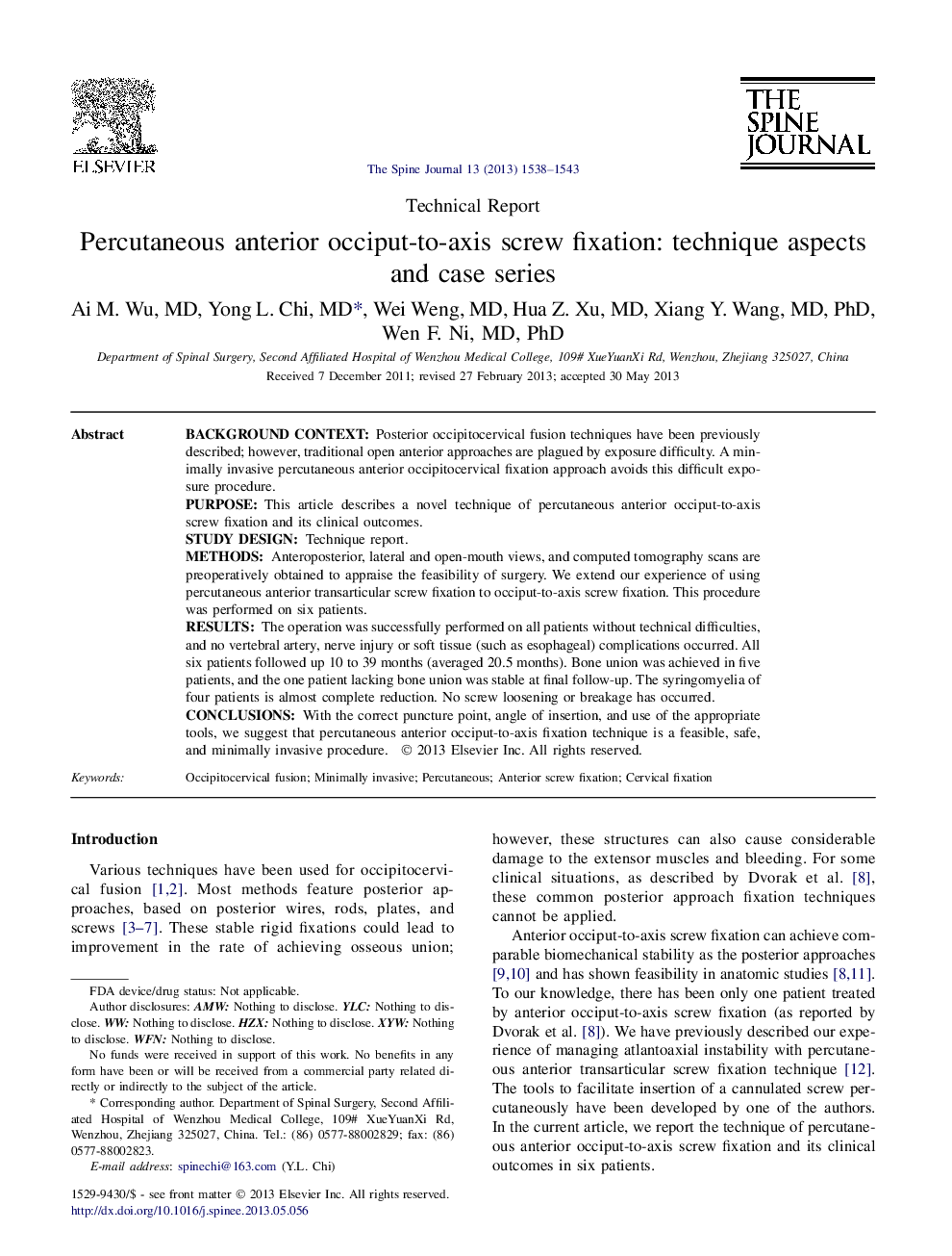 Percutaneous anterior occiput-to-axis screw fixation: technique aspects and case series 