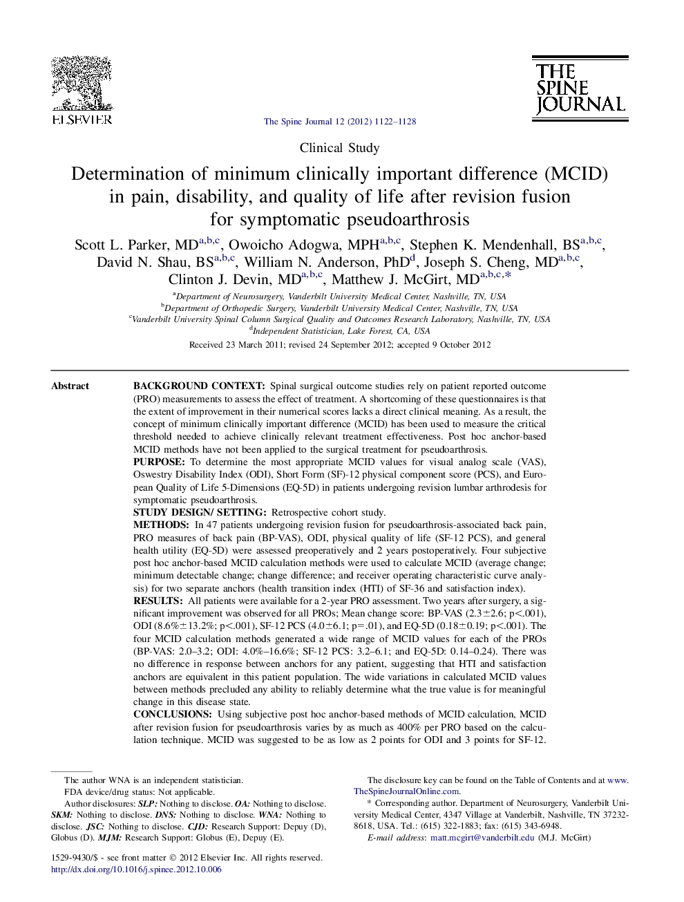 Determination of minimum clinically important difference (MCID) in pain, disability, and quality of life after revision fusion for symptomatic pseudoarthrosis 