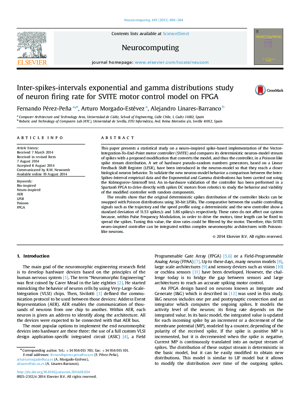 Inter-spikes-intervals exponential and gamma distributions study of neuron firing rate for SVITE motor control model on FPGA