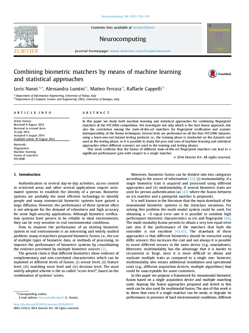 Combining biometric matchers by means of machine learning and statistical approaches