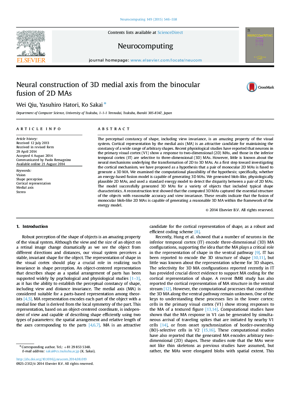 Neural construction of 3D medial axis from the binocular fusion of 2D MAs