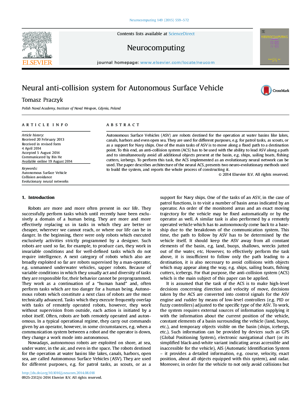 Neural anti-collision system for Autonomous Surface Vehicle