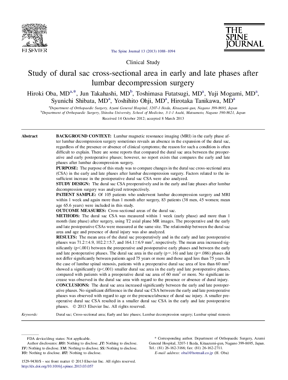 Study of dural sac cross-sectional area in early and late phases after lumbar decompression surgery 