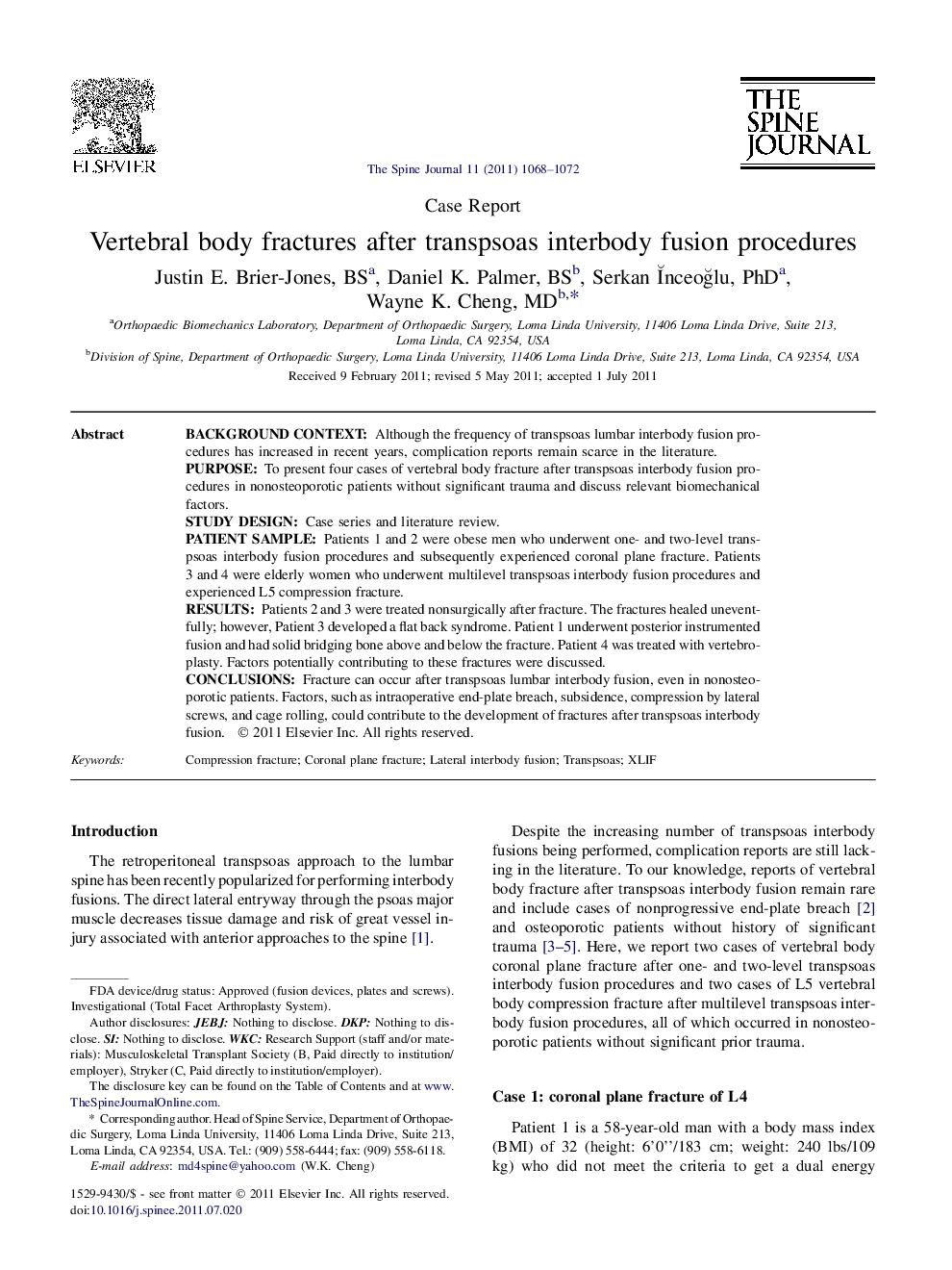 Vertebral body fractures after transpsoas interbody fusion procedures