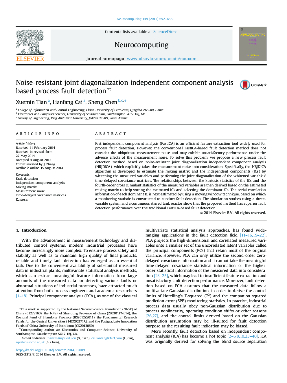 Noise-resistant joint diagonalization independent component analysis based process fault detection 