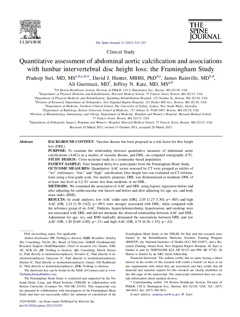 Quantitative assessment of abdominal aortic calcification and associations with lumbar intervertebral disc height loss: the Framingham Study