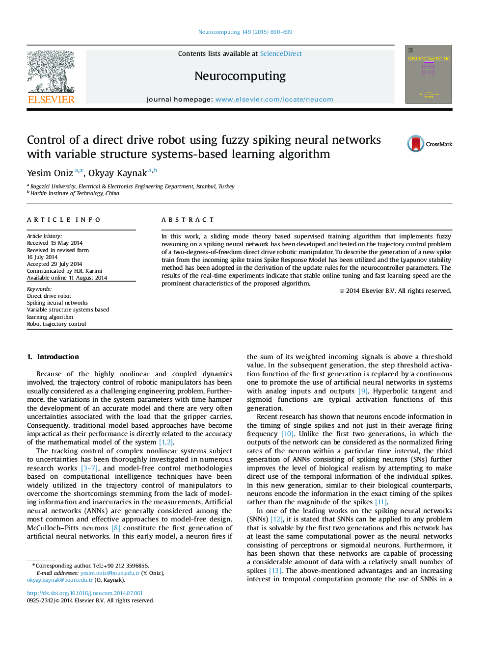 Control of a direct drive robot using fuzzy spiking neural networks with variable structure systems-based learning algorithm