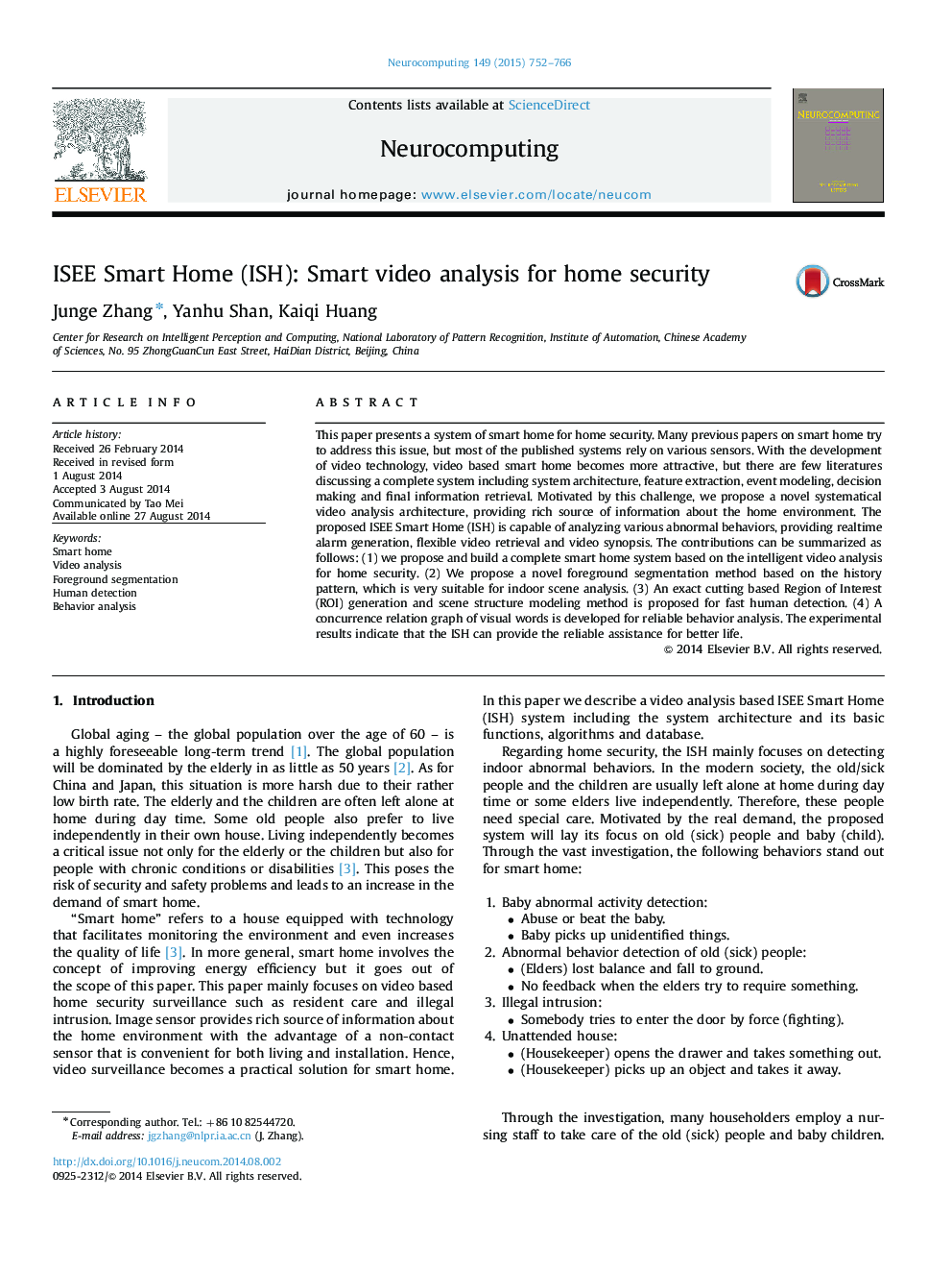 ISEE Smart Home (ISH): Smart video analysis for home security